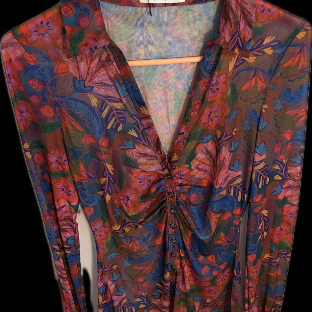 NATURAL LIFE Size S New Floral Mesh Carina Button Front Semi Sheer Top